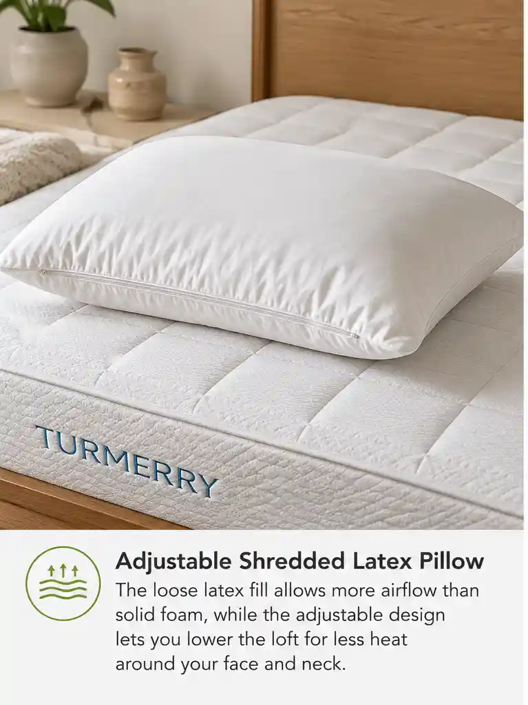 Adjustable shredded latex pillow on a mattress for hot sleepers