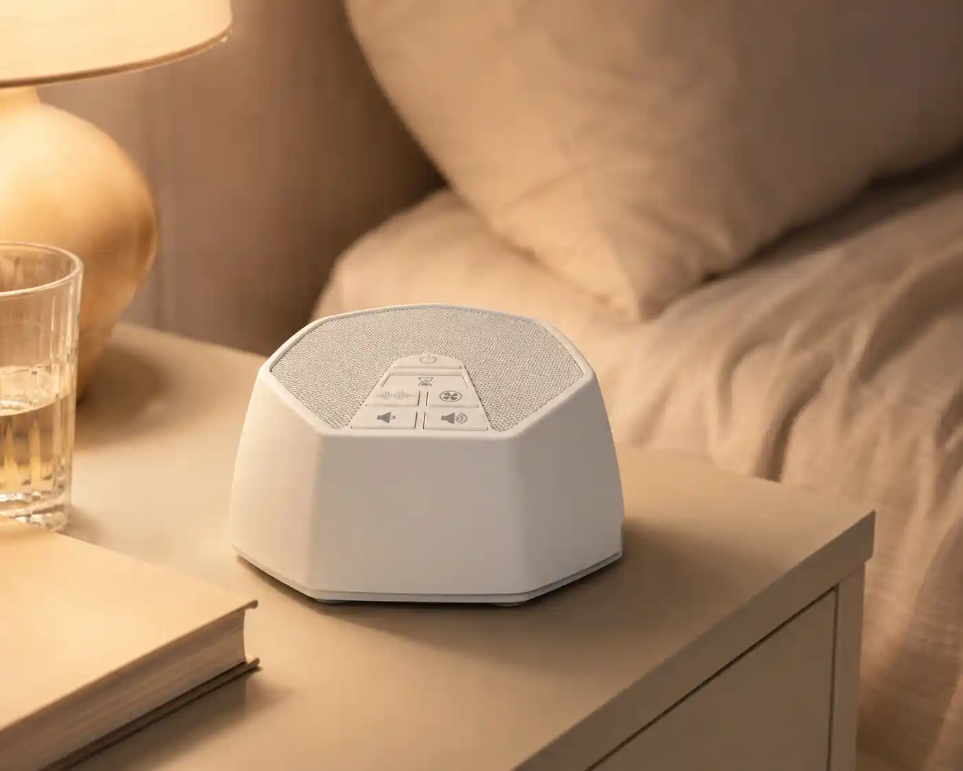 White noise machine on a neutral bedside table for sleep and noise masking.