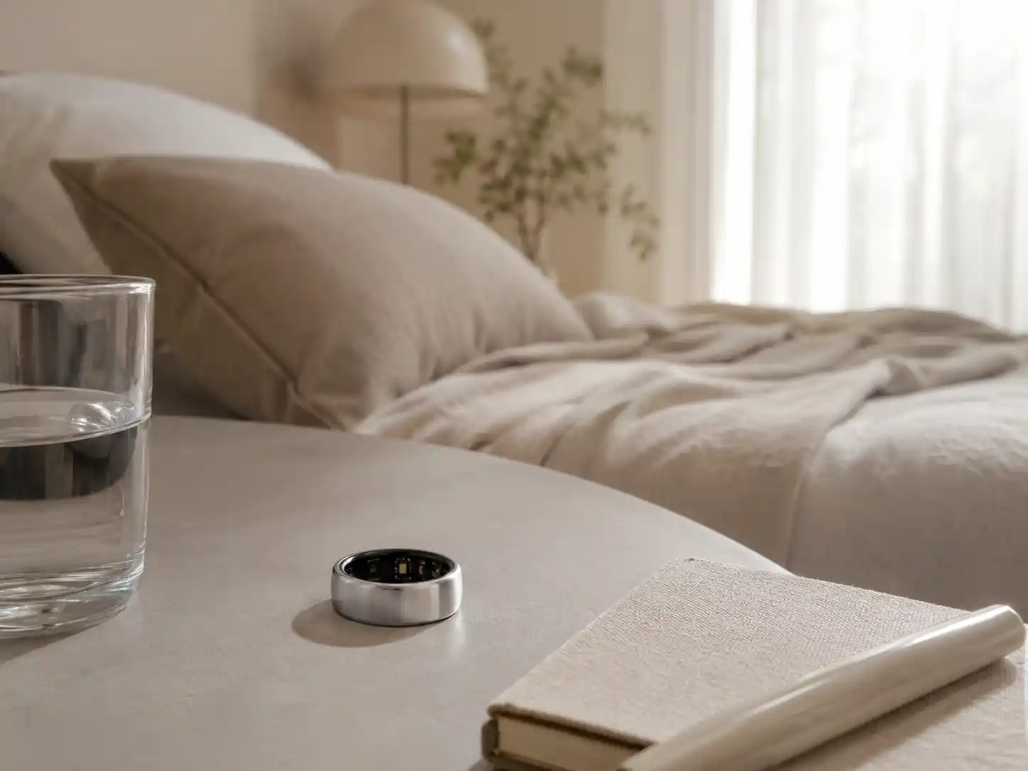 Oura Ring 4 on a neutral bedside table for sleep tracking without wearing a watch.
