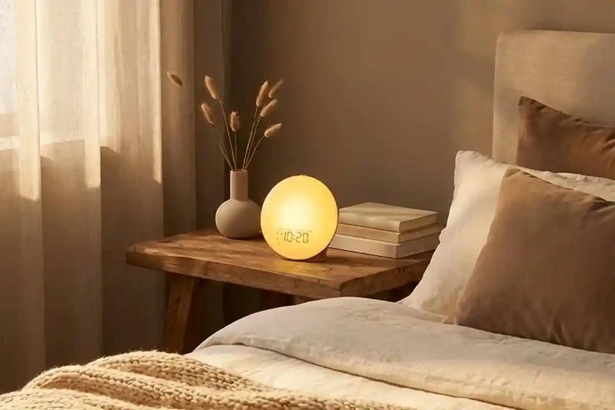 Sunrise alarm clock on a neutral bedside table for waking up without a phone alarm.