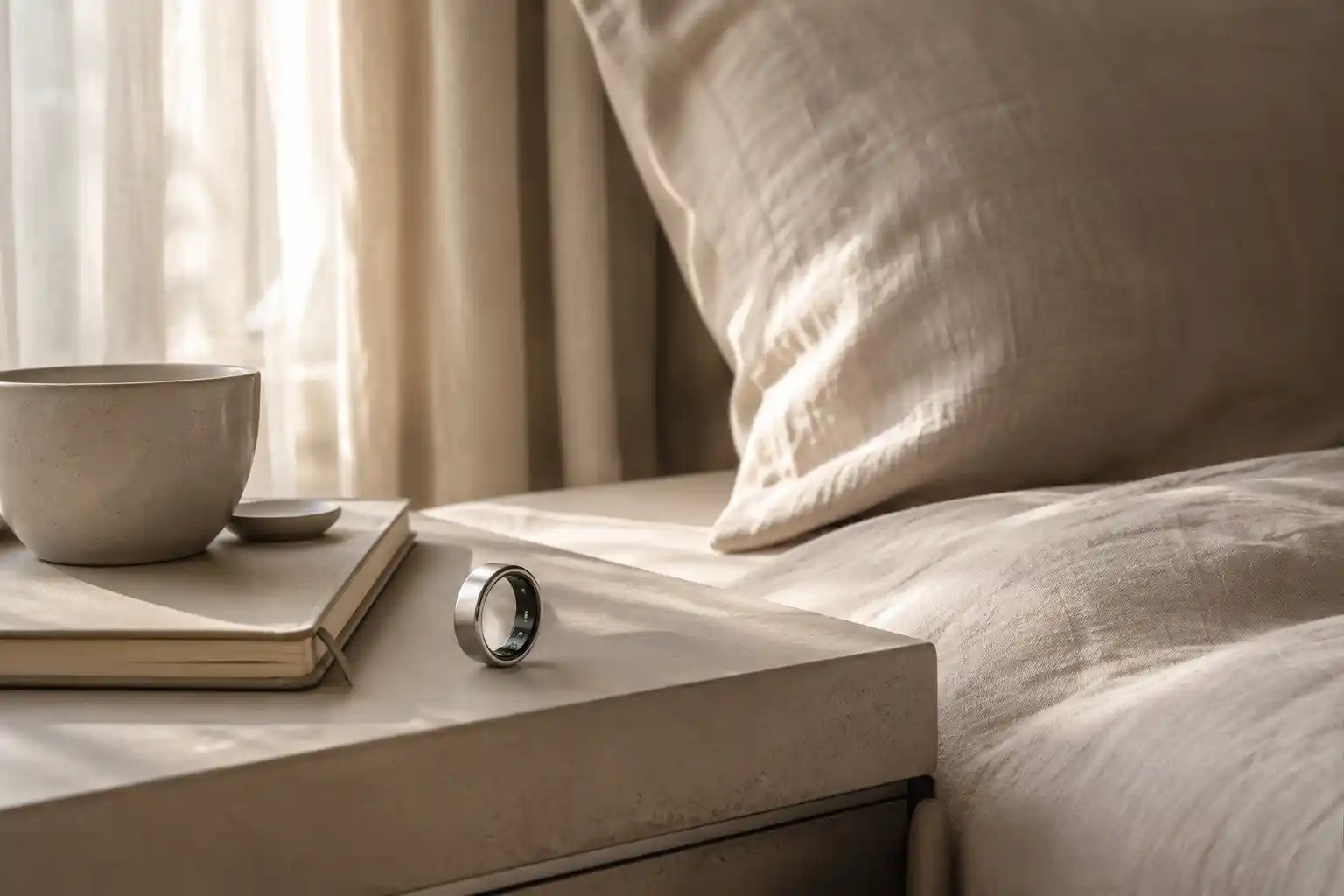 Oura Ring 4 on a neutral bedside table for sleep and recovery tracking without a watch.