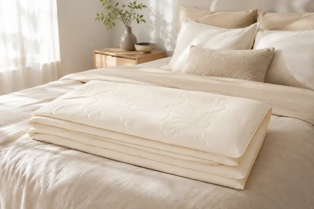 Light neutral cooling blanket layered on a calm bed for hot sleepers.