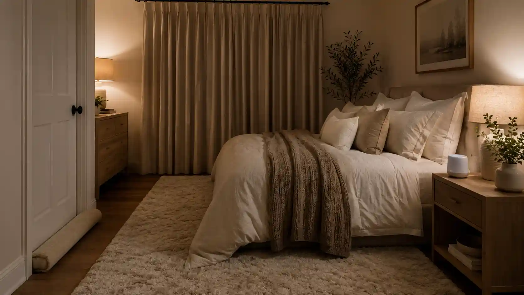 Cozy bedroom with heavy curtains, soft bedding, rug, and calm nightstand setup for budget soundproofing.