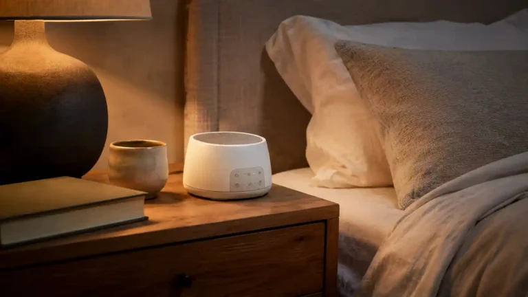 White noise machine on a wooden nightstand in a calm neutral bedroom at night