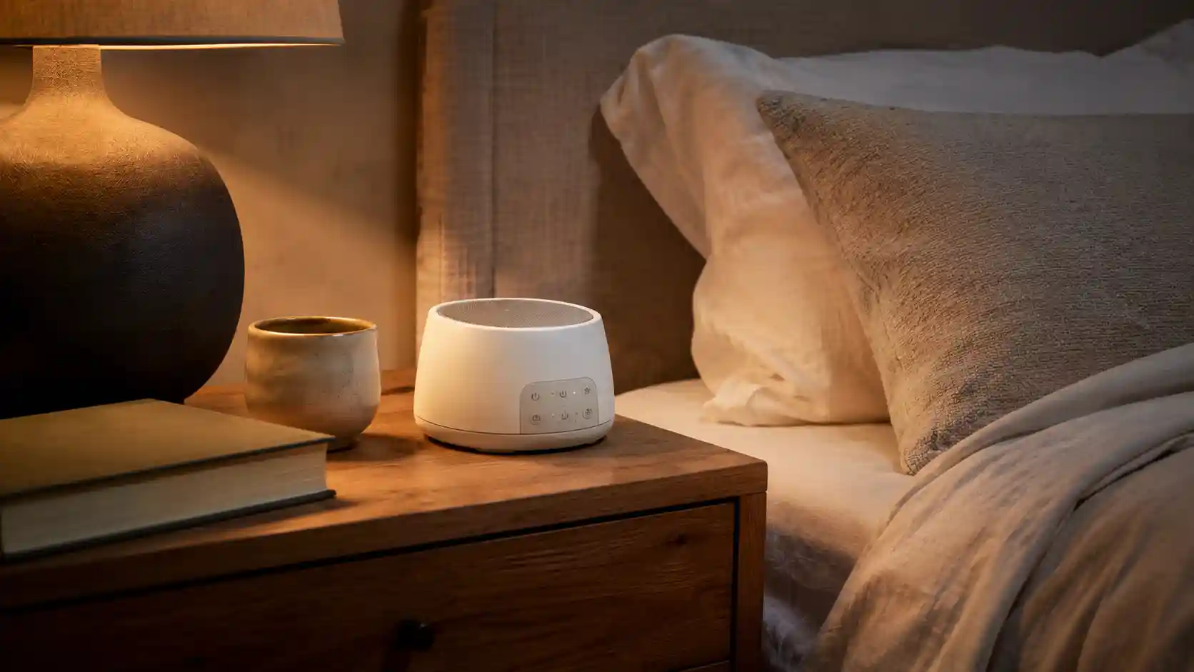 White noise machine on a wooden nightstand in a calm neutral bedroom at night