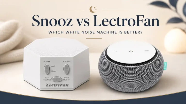 Snooz vs LectroFan white noise machine comparison on two calm bedroom nightstands.